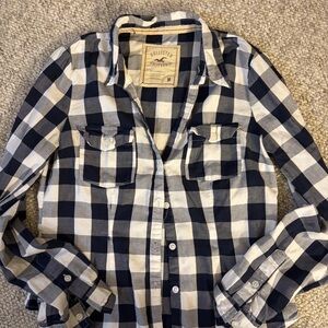 Hollister Navy and White Plaid Long Sleeve Shirt